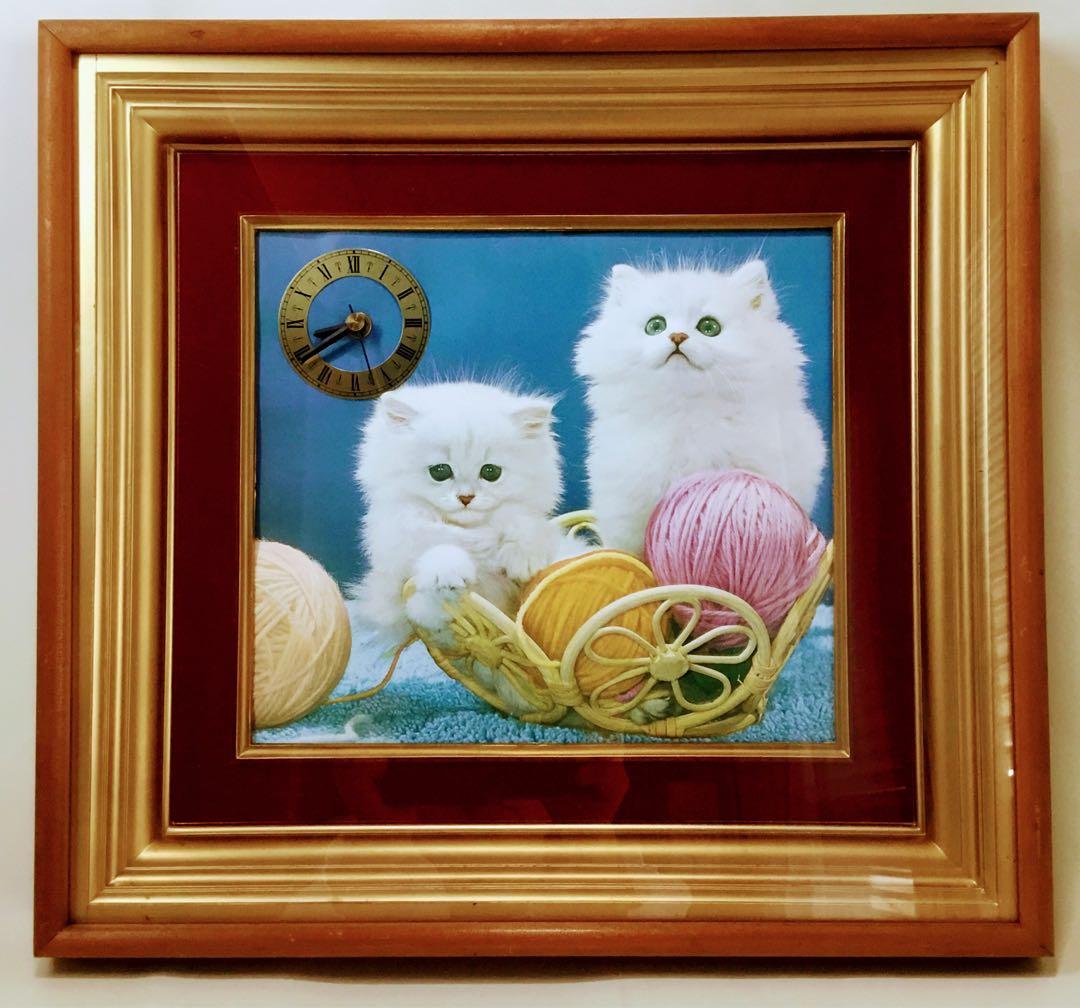 懐かしい昭和レトロ商品☆アンティーク 掛け時計 3D立体写真 子猫 額縁