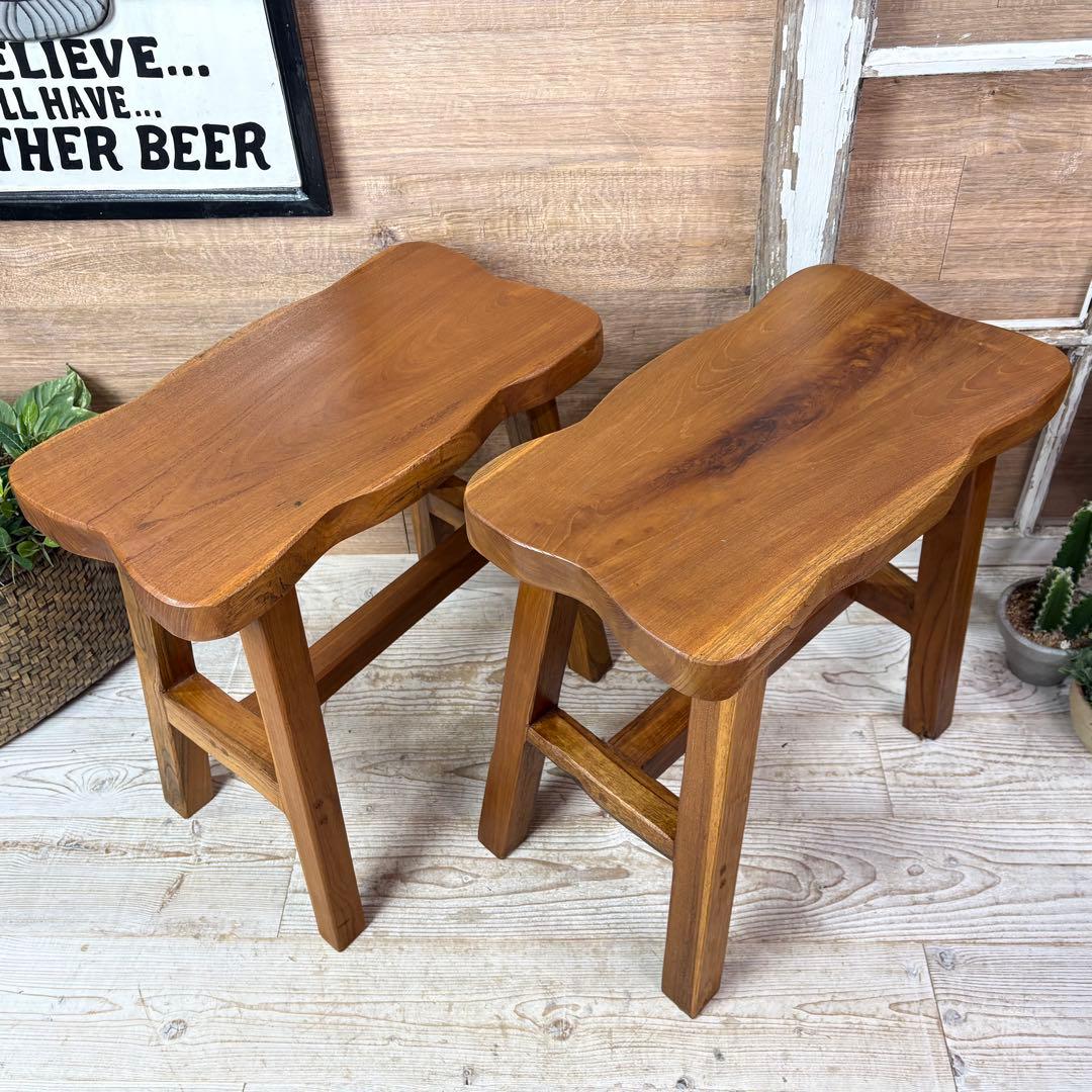 オールドチーク天然無垢材ベンチスツールワイド2点セットサイドテーブル飾り台置き台