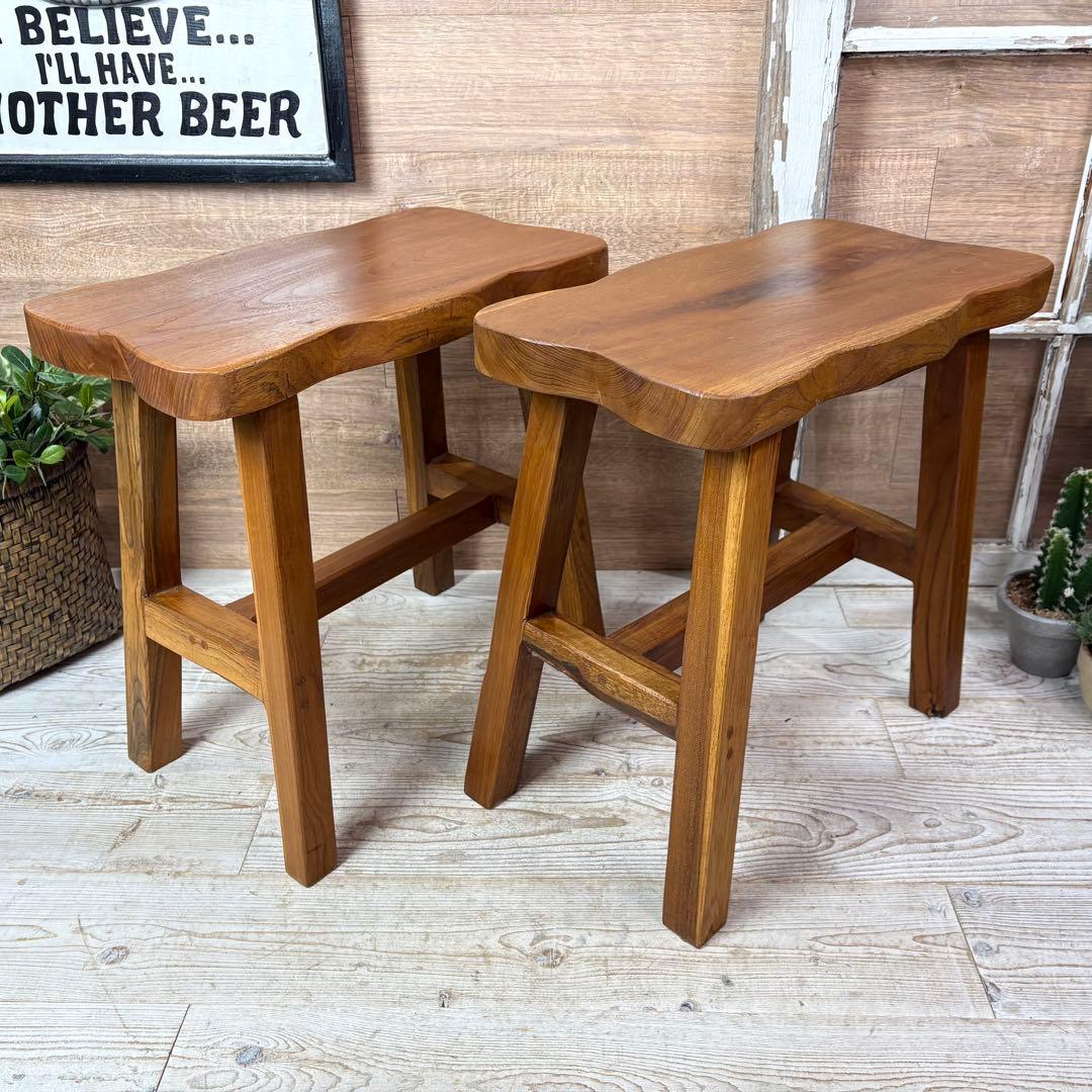 オールドチーク天然無垢材ベンチスツールワイド2点セットサイドテーブル飾り台置き台