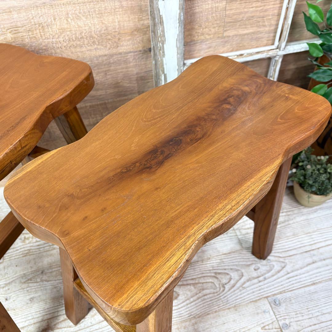 オールドチーク天然無垢材ベンチスツールワイド2点セットサイドテーブル飾り台置き台