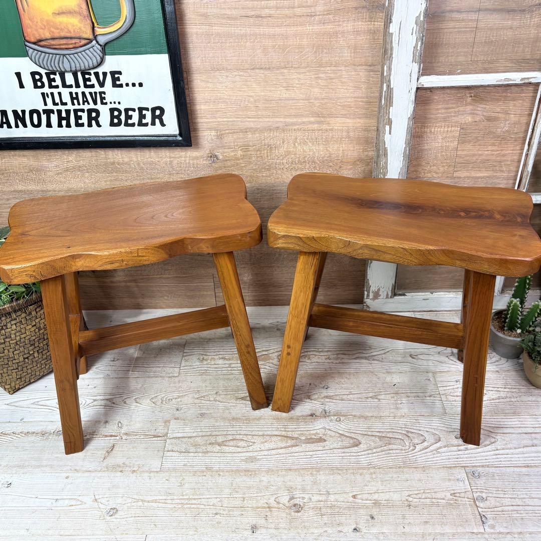 オールドチーク天然無垢材ベンチスツールワイド2点セットサイドテーブル飾り台置き台