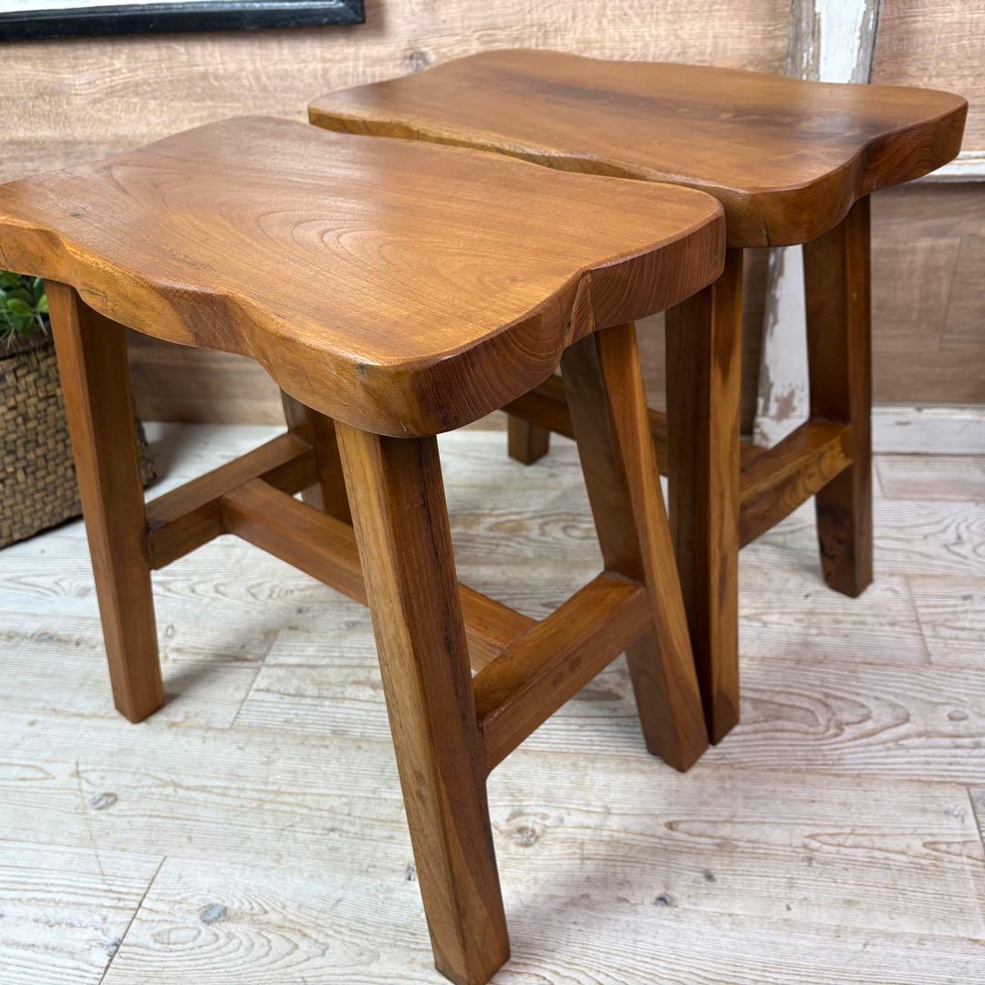 オールドチーク天然無垢材ベンチスツールワイド2点セットサイドテーブル飾り台置き台