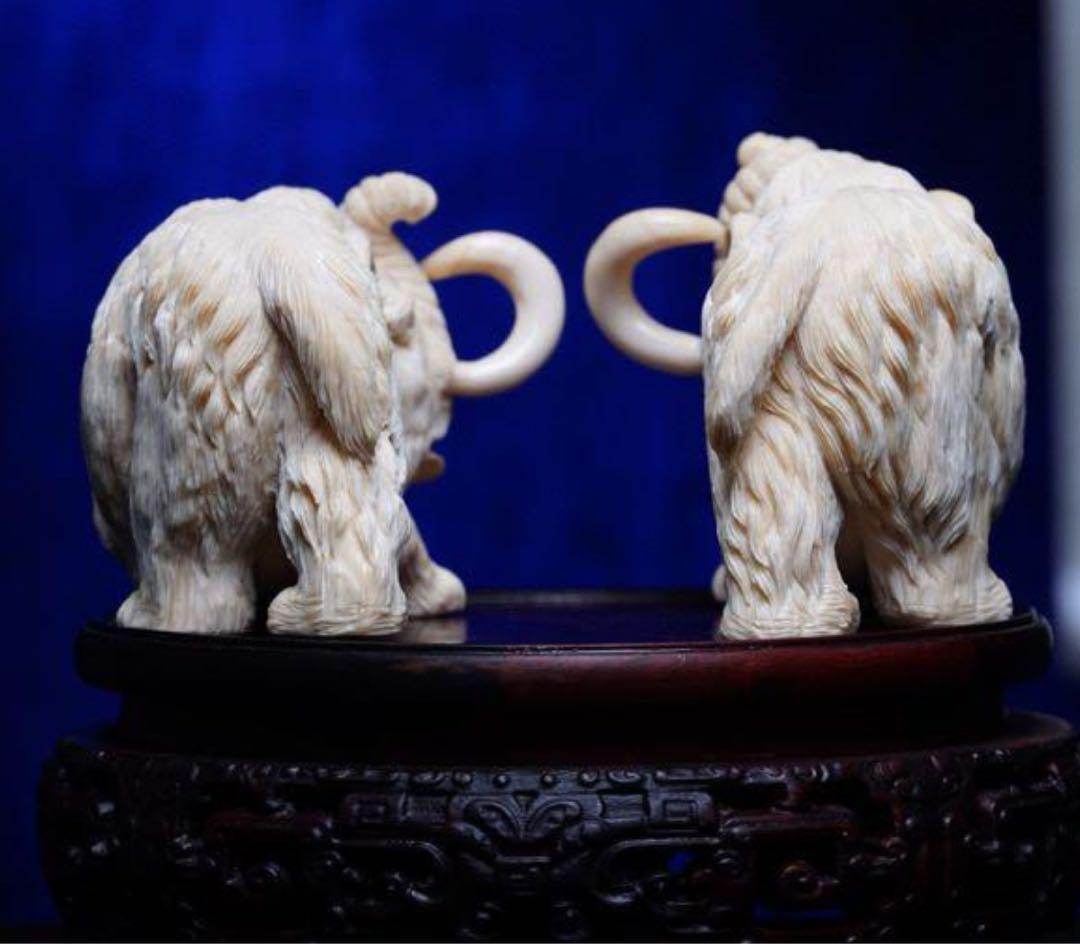 天然マンモス牙美しい手作り彫刻吉象対称 置物-レビュー多数