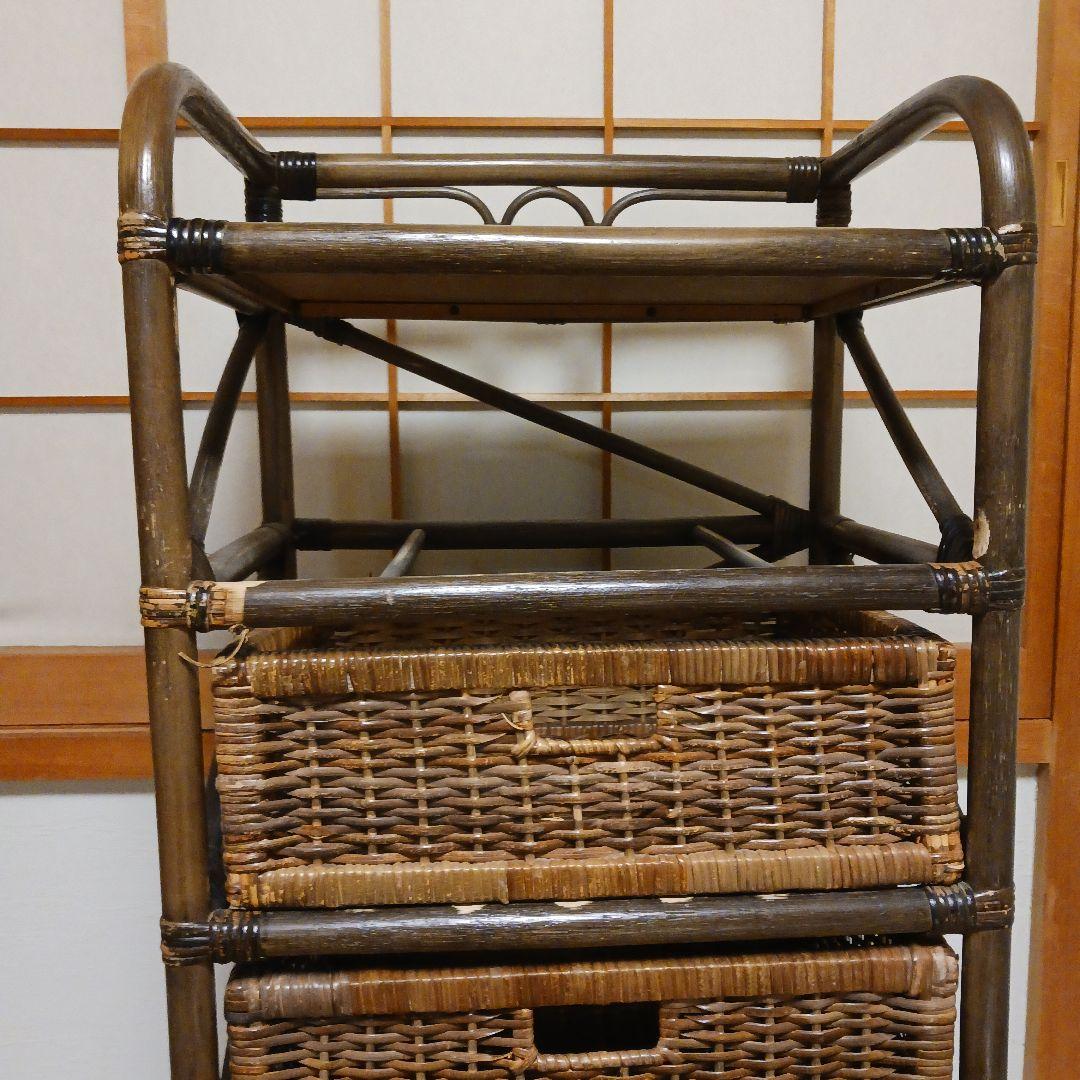 籐製 　ラタン　5段収納ラック キャスター付き　　ブラウン　レトロ