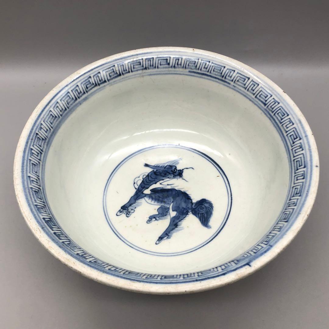 江戸時代古伊万里キリン麒麟染付け鉢ボウル21.5cm伊万里焼骨董品木箱