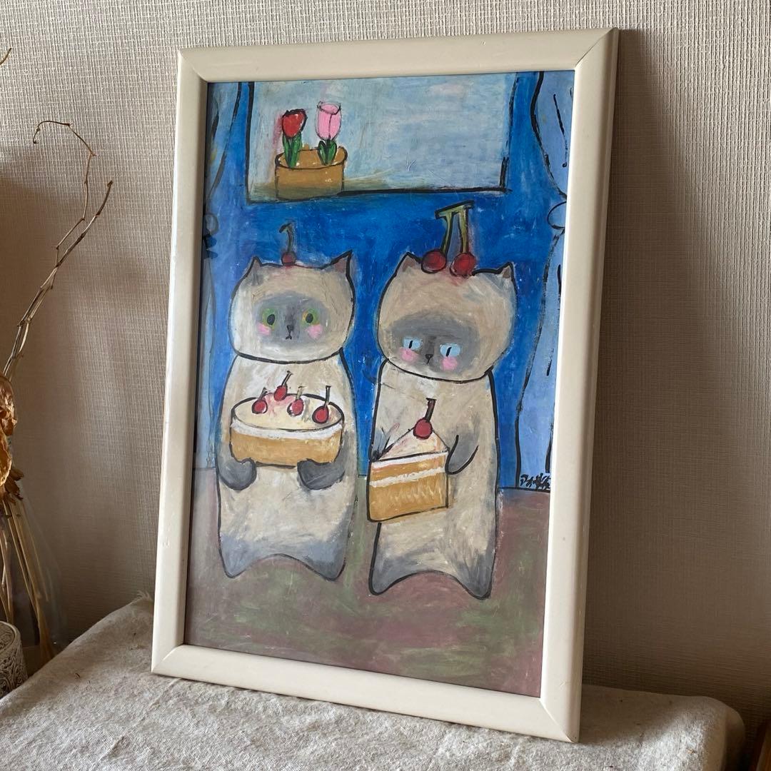 絵画。原画手描【シャム猫たちはデート記念日のためにさくらんぼケーキを用意した】