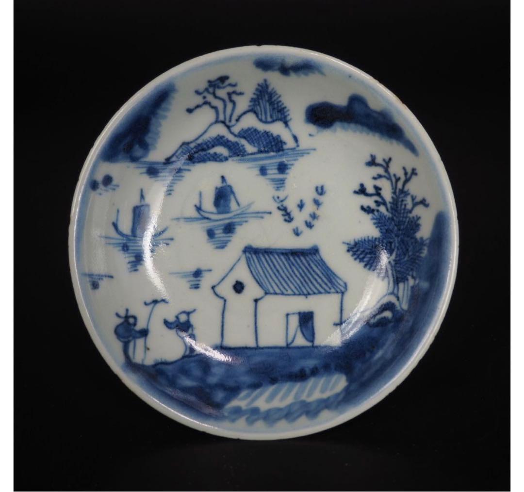 送料無料　本物保証　清時代　新渡染付山水文手塩皿/小皿８枚　共箱