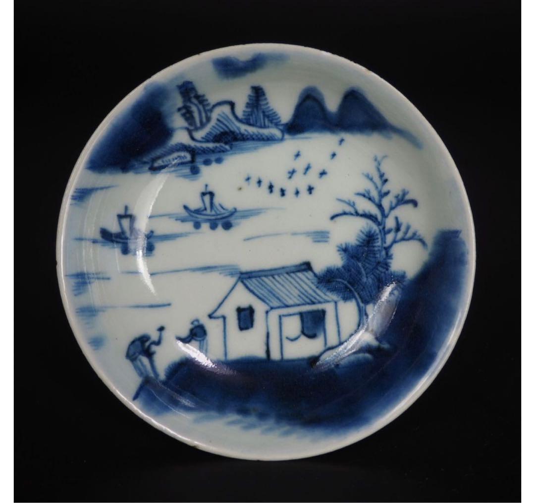 送料無料　本物保証　清時代　新渡染付山水文手塩皿/小皿８枚　共箱