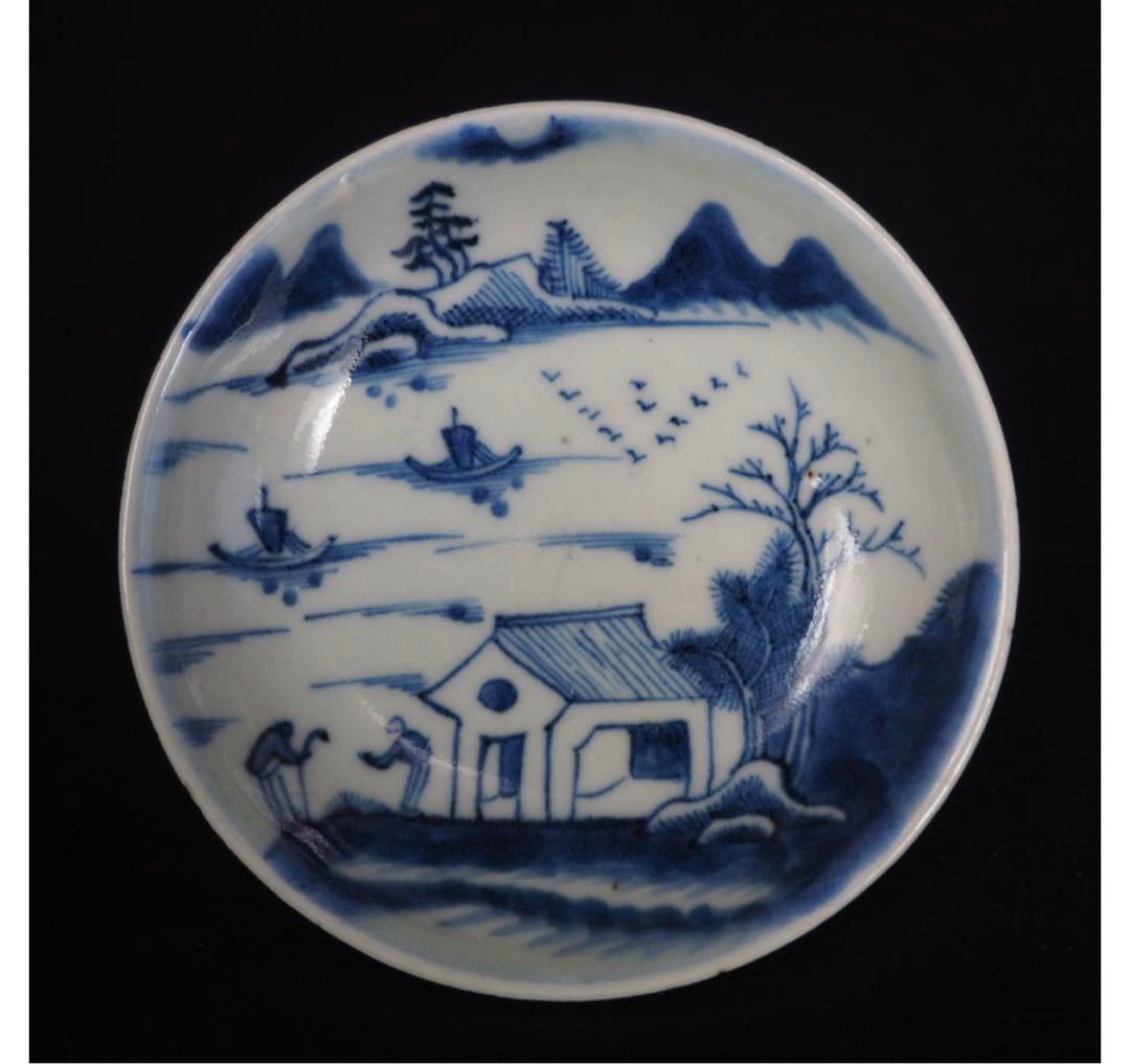 送料無料　本物保証　清時代　新渡染付山水文手塩皿/小皿８枚　共箱