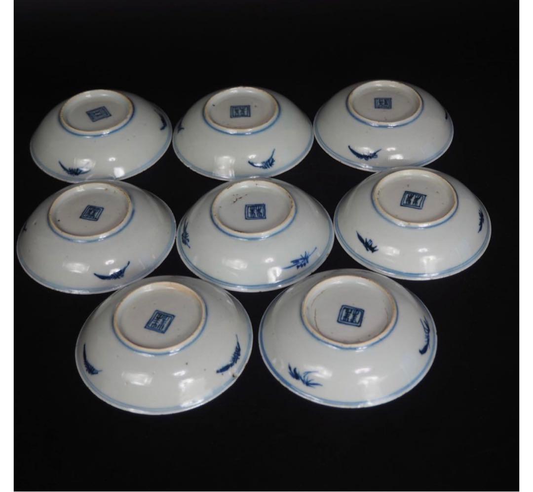 送料無料　本物保証　清時代　新渡染付山水文手塩皿/小皿８枚　共箱