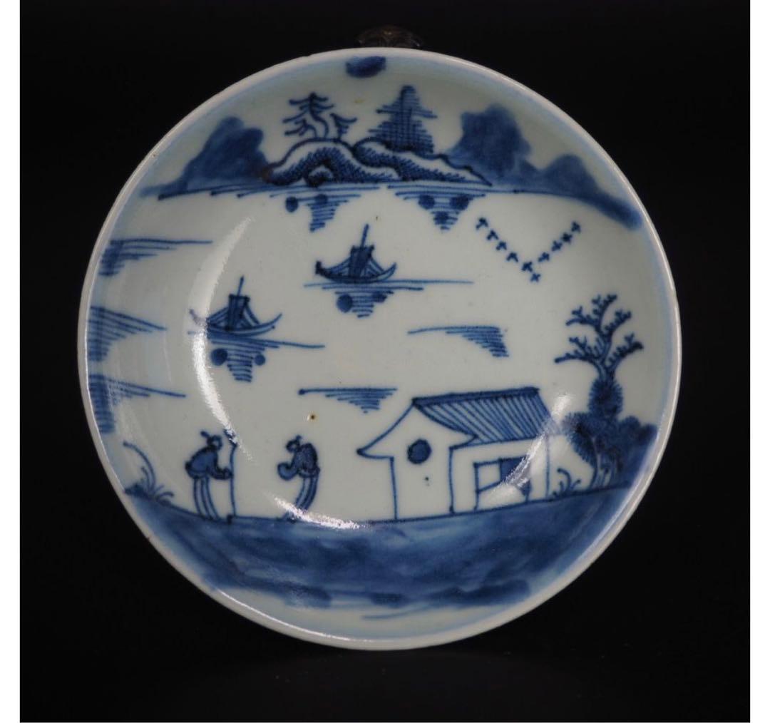 送料無料　本物保証　清時代　新渡染付山水文手塩皿/小皿８枚　共箱