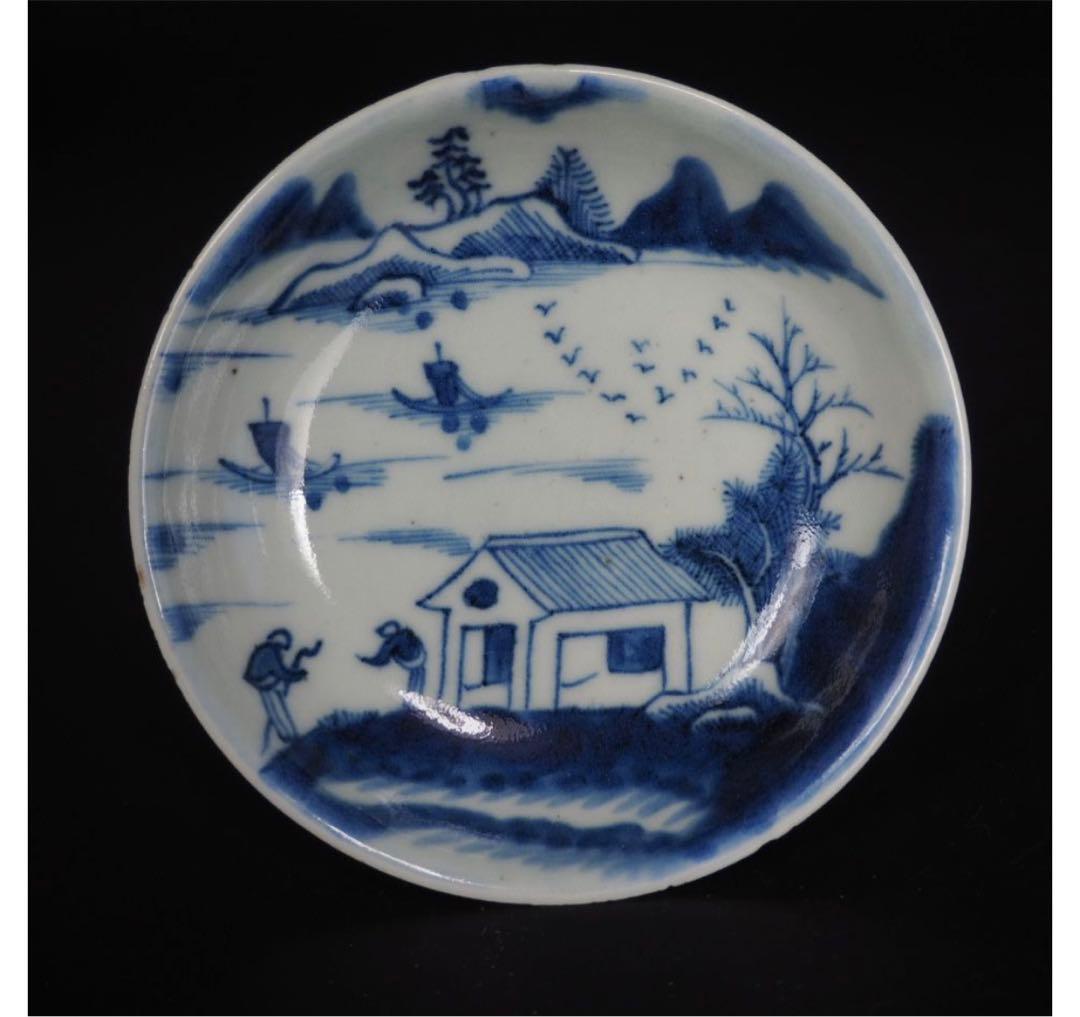 送料無料　本物保証　清時代　新渡染付山水文手塩皿/小皿８枚　共箱