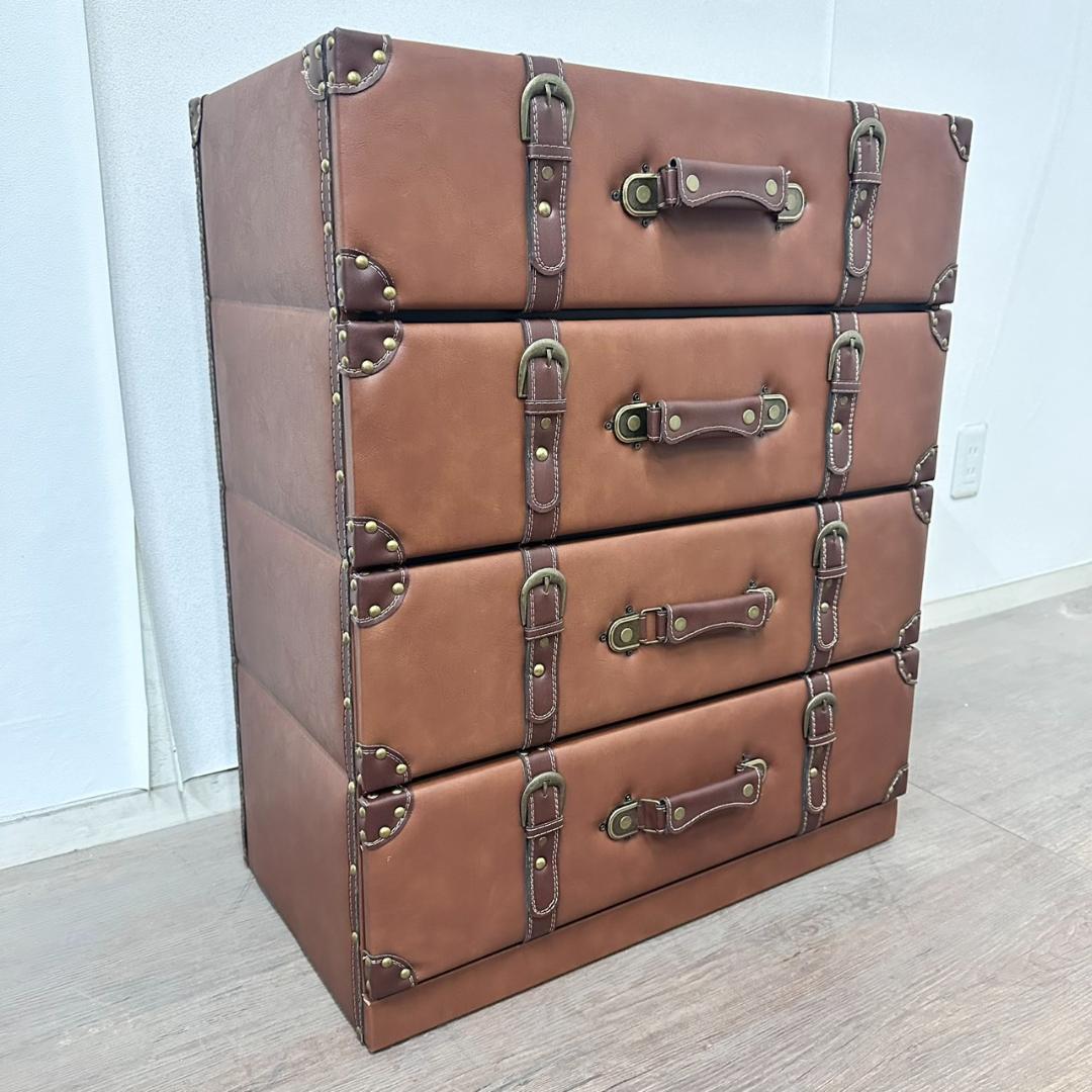 【新品】アンティーク調 トランク風 チェスト 4段 レザー調 タンス