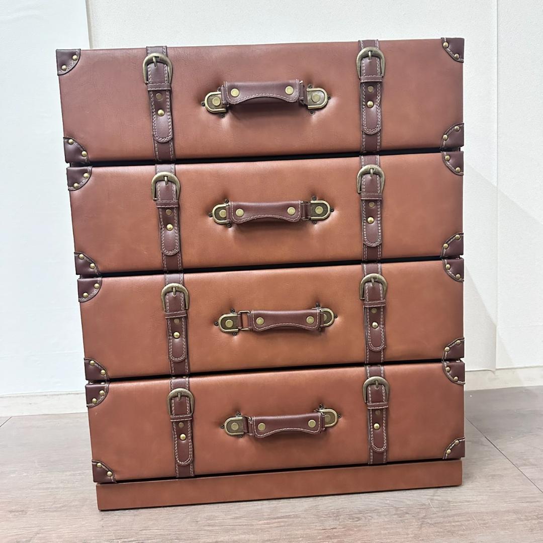 【新品】アンティーク調 トランク風 チェスト 4段 レザー調 タンス