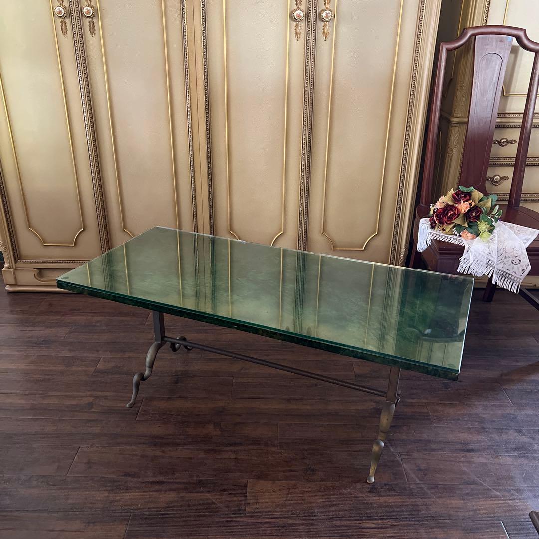 k115r118 アンティークグリーンのセンターテーブル ガラス天板 真鍮脚