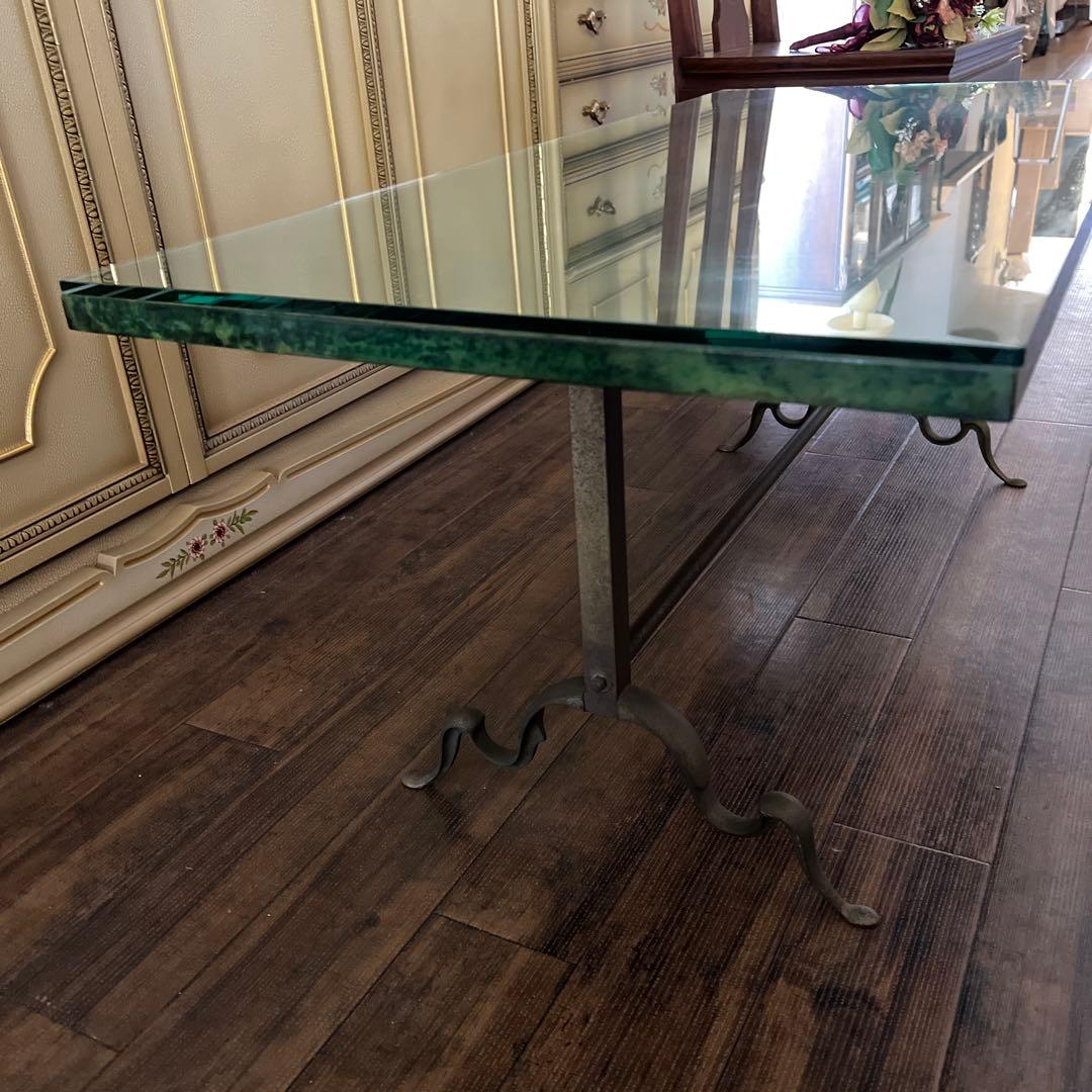 k115r118 アンティークグリーンのセンターテーブル ガラス天板 真鍮脚