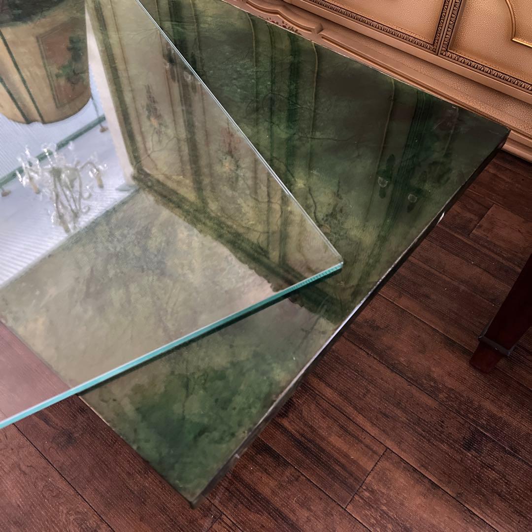 k115r118 アンティークグリーンのセンターテーブル ガラス天板 真鍮脚