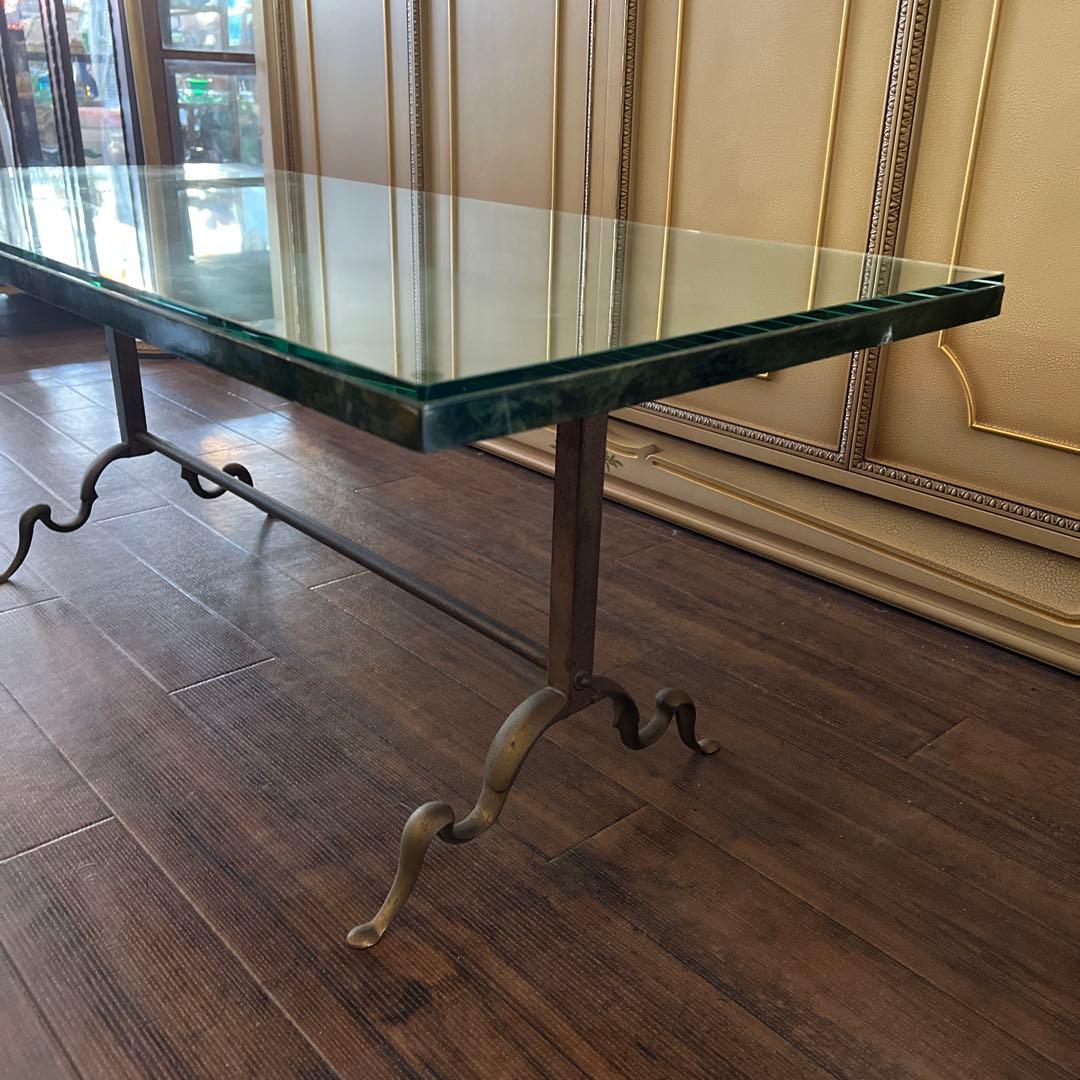 k115r118 アンティークグリーンのセンターテーブル ガラス天板 真鍮脚