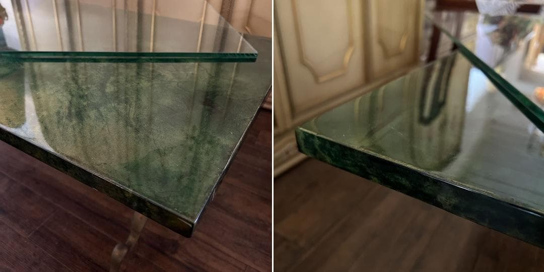 k115r118 アンティークグリーンのセンターテーブル ガラス天板 真鍮脚