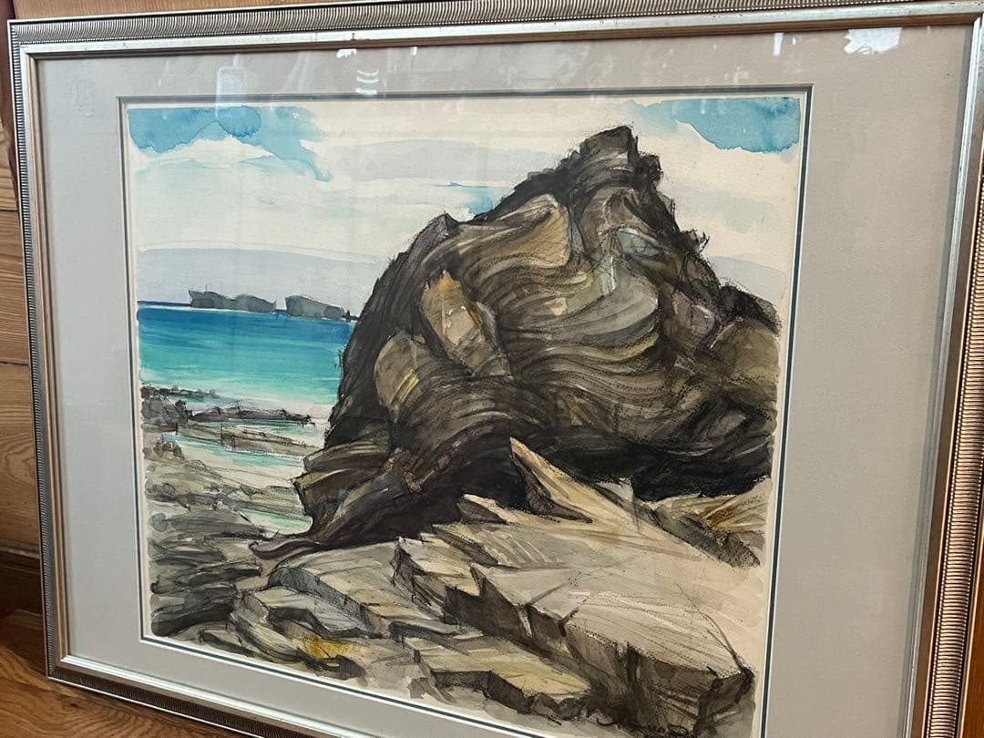 真作】屋良朝春 F10号 水彩「沖縄海岸風景」内閣総理大臣賞画家 額装