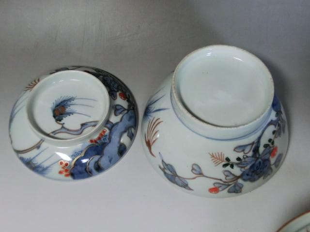 蓋茶碗■古い伊万里花唐草色絵染付 江戸後期 蓋鉢 蓋物 9客 時代物 骨董品■