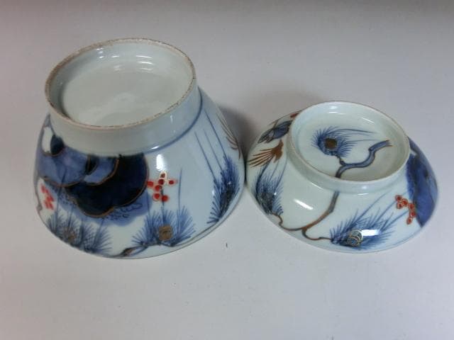 蓋茶碗■古い伊万里花唐草色絵染付 江戸後期 蓋鉢 蓋物 9客 時代物 骨董品■