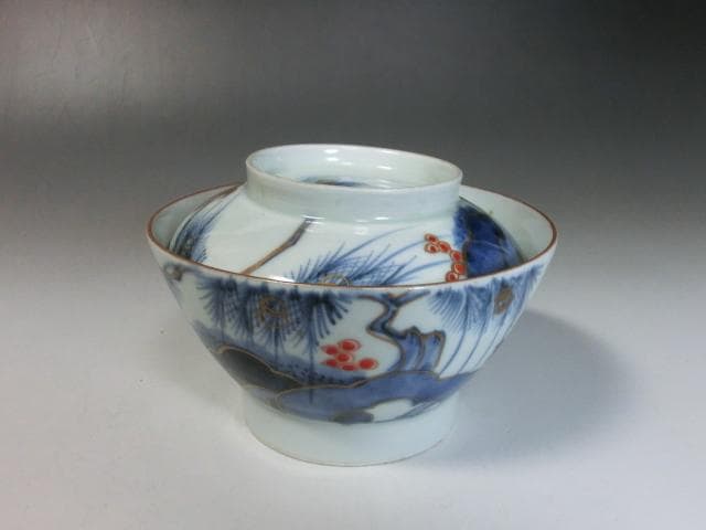 蓋茶碗■古い伊万里花唐草色絵染付 江戸後期 蓋鉢 蓋物 9客 時代物 骨董品■