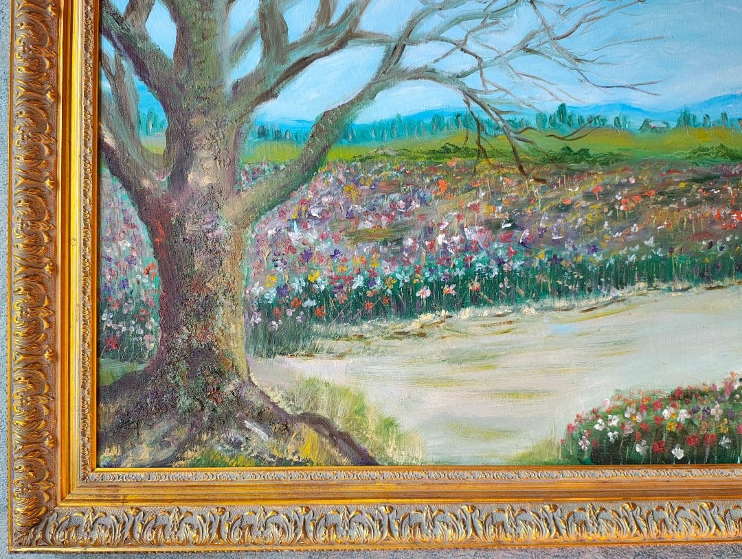 送料込】F50号 豪華額縁＋油彩画 西都原コスモス 大型 装飾約8.5cm幅