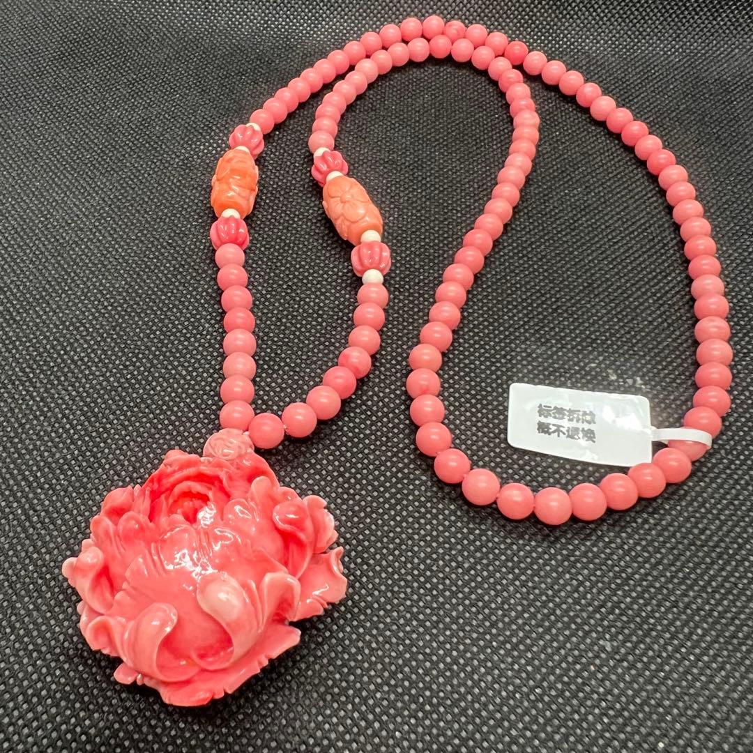 新品　天然珊瑚のバラ彫りピンクラウンドネックレス AB907