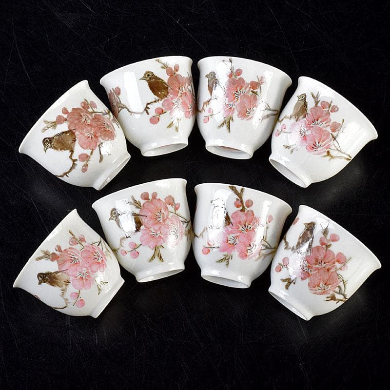 中国 乾隆年製款 薄胎 粉彩 鳥桜文 煎茶碗 八客 V R7584 - メルカリ