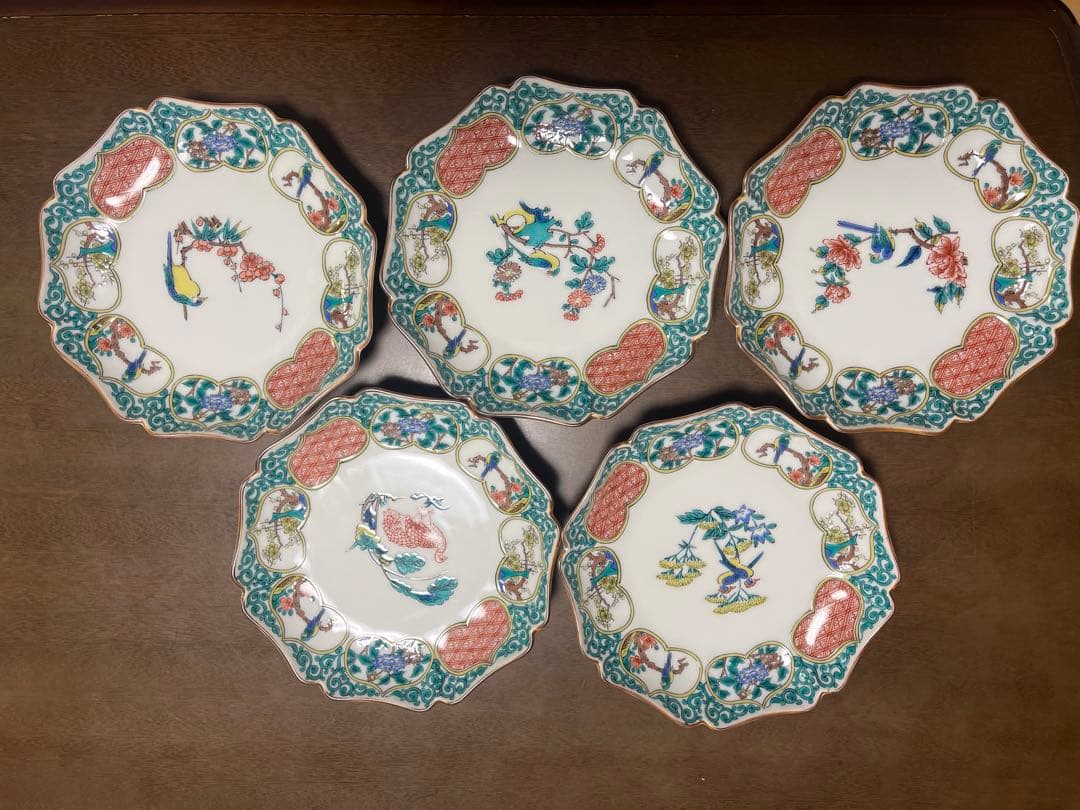 九谷焼　秋月　窓絵花鳥図　中皿　5枚セット