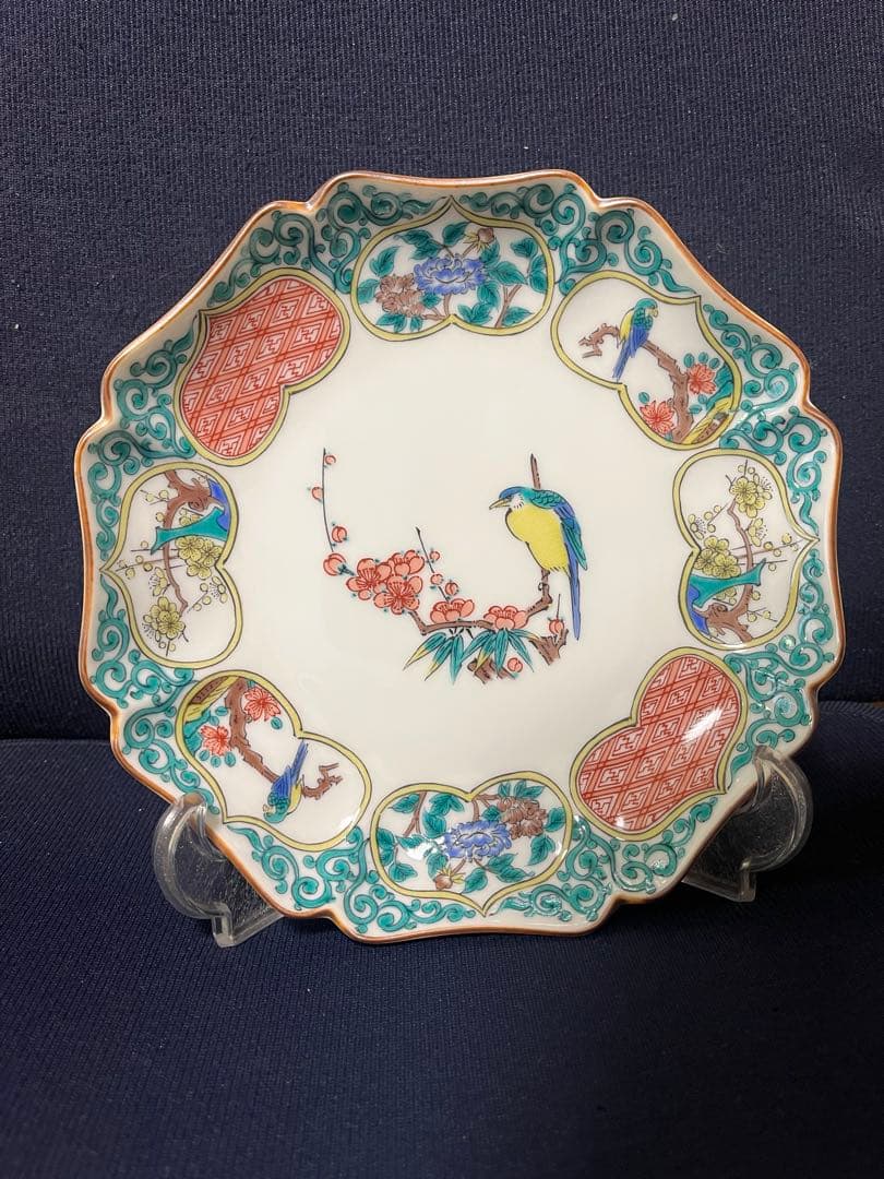 九谷焼　秋月　窓絵花鳥図　中皿　5枚セット