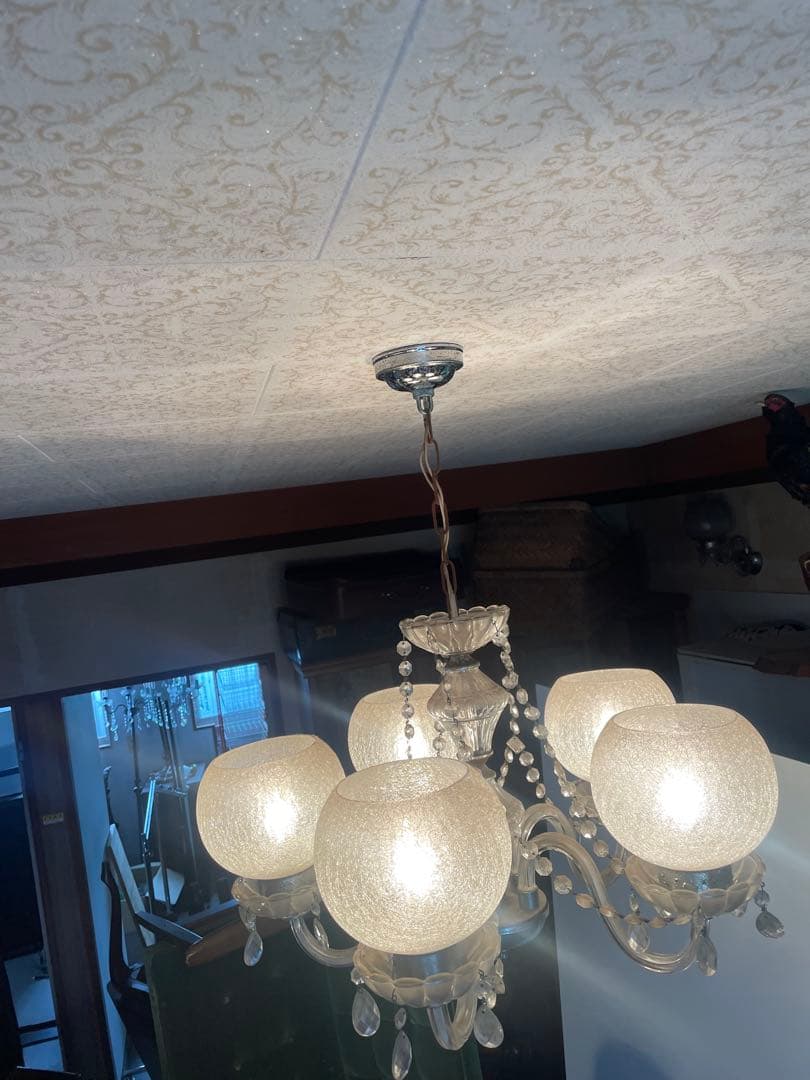 引取　引渡限定　昭和レトロ ヴィンテージ 5灯シャンデリア クラックルガラス