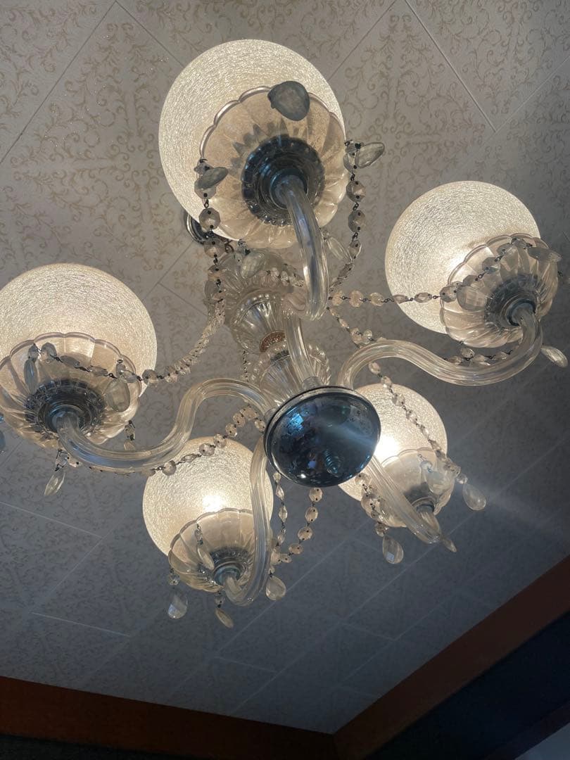 引取　引渡限定　昭和レトロ ヴィンテージ 5灯シャンデリア クラックルガラス