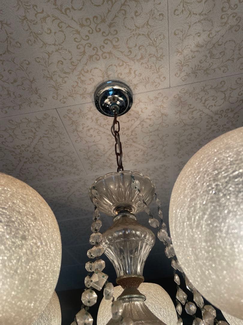 引取　引渡限定　昭和レトロ ヴィンテージ 5灯シャンデリア クラックルガラス