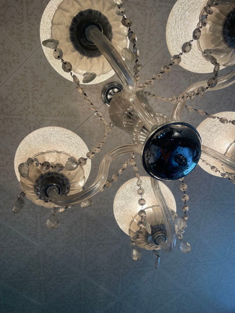 引取　引渡限定　昭和レトロ ヴィンテージ 5灯シャンデリア クラックルガラス