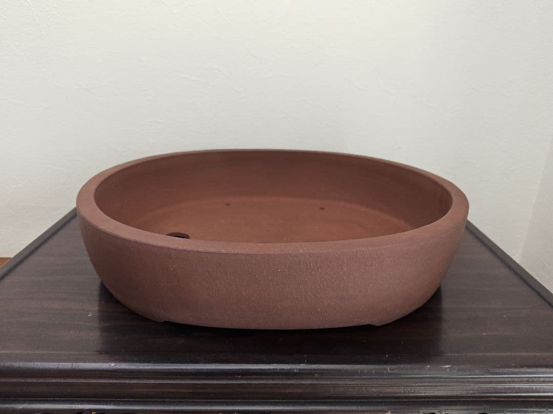 楕円形陶器盆栽鉢 茶色 排水穴付き　中型