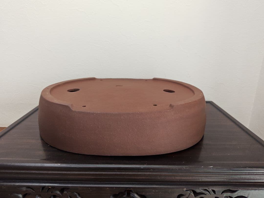 楕円形陶器盆栽鉢 茶色 排水穴付き　中型