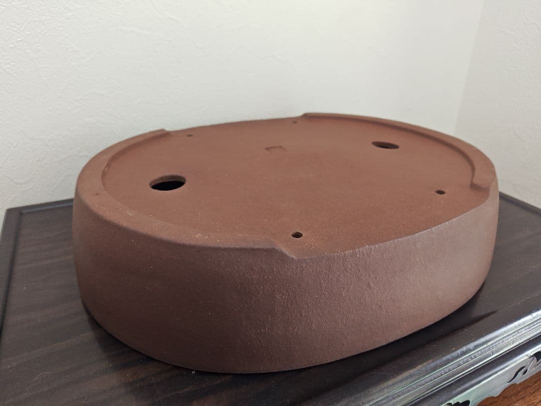 楕円形陶器盆栽鉢 茶色 排水穴付き　中型