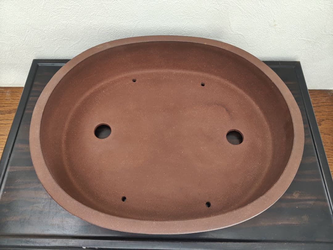 楕円形陶器盆栽鉢 茶色 排水穴付き　中型