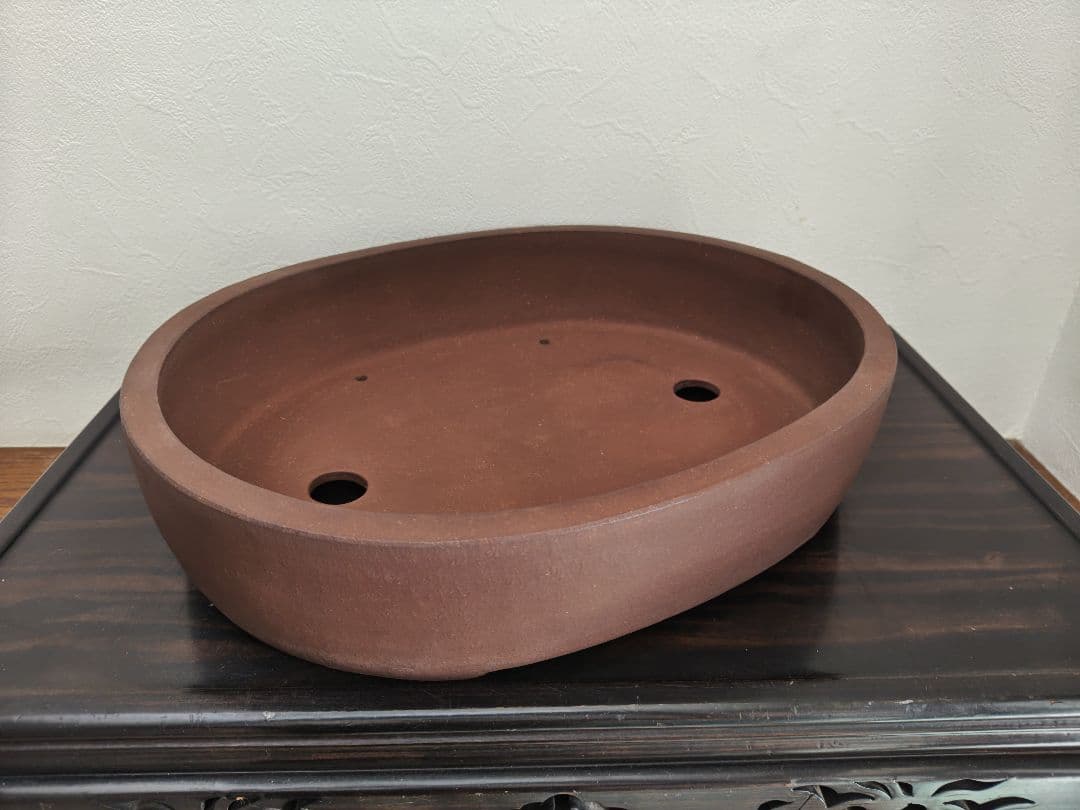 楕円形陶器盆栽鉢 茶色 排水穴付き　中型