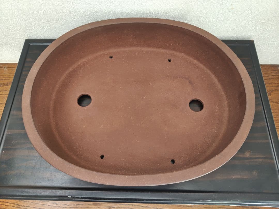 楕円形陶器盆栽鉢 茶色 排水穴付き　中型