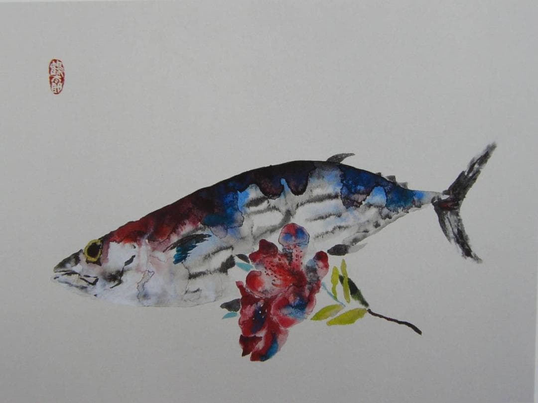 片岡鶴太郎、【鰹】、希少画集画、新品高級額・額装付、状態良好