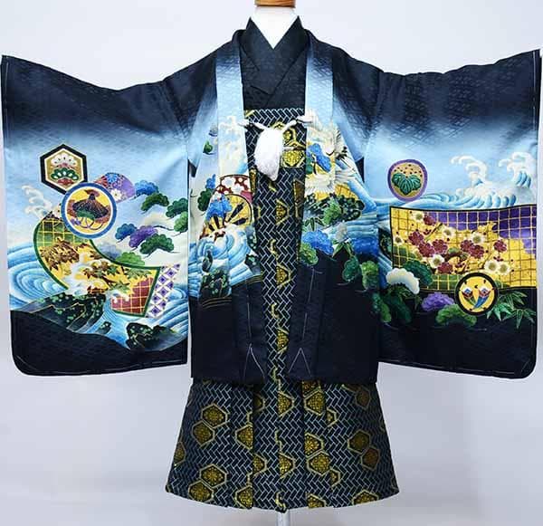 七五三 五歳 男児 着物 羽織袴フルセット 紋袴 黒 袴変更可能 NO37122