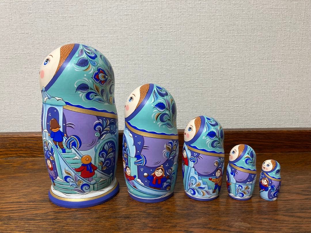 ロシア雑貨☆ウインターマトリョーシカ5P『氷の街 (Ice city)』オリガ作