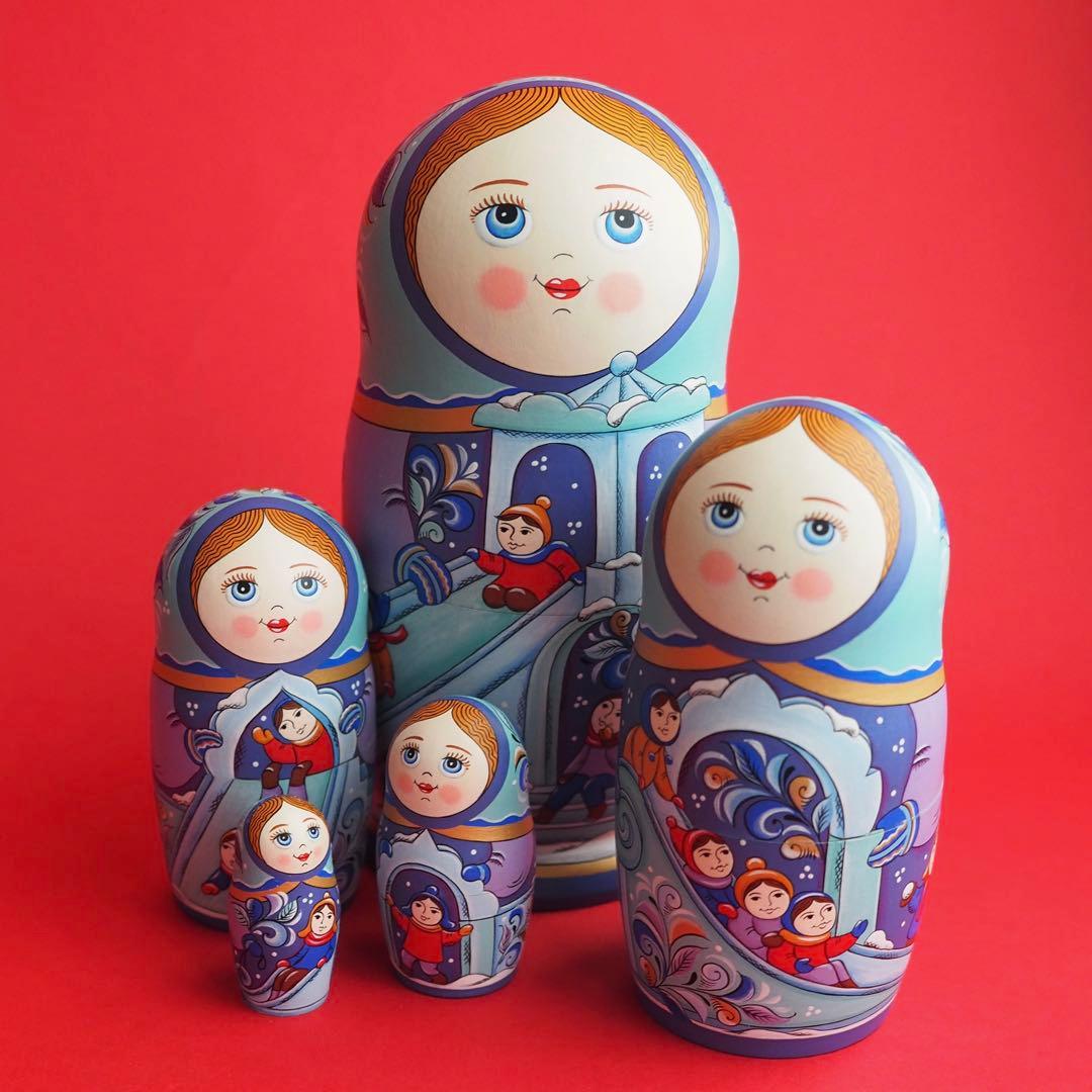 ロシア雑貨☆ウインターマトリョーシカ5P『氷の街 (Ice city)』オリガ作