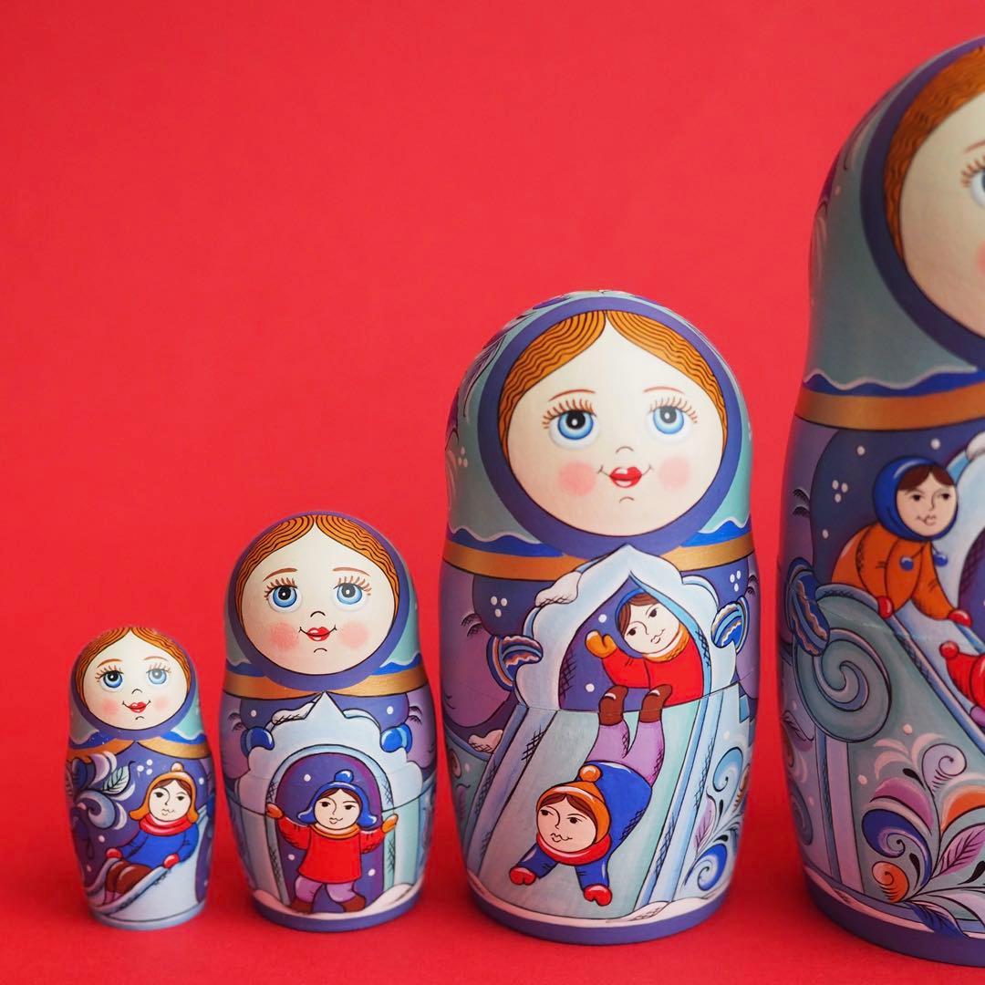 ロシア雑貨☆ウインターマトリョーシカ5P『氷の街 (Ice city)』オリガ作