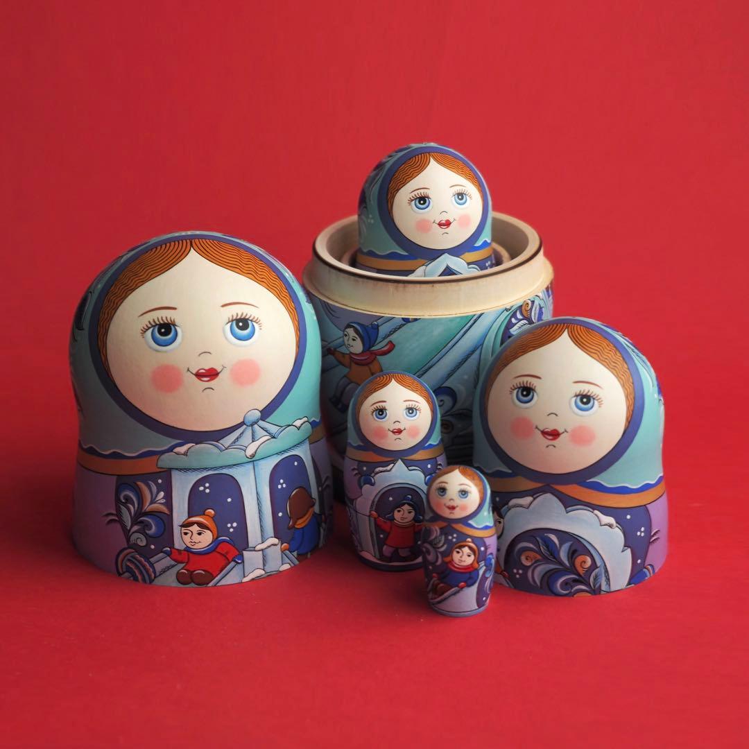 ロシア雑貨☆ウインターマトリョーシカ5P『氷の街 (Ice city)』オリガ作