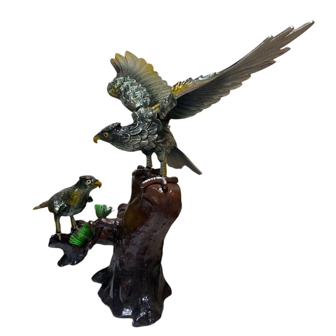 高級床置 夫婦鷹 箱付き アンティーク 床の間 鉄製 金属工芸 高さ50cm超え