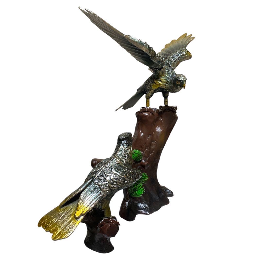 高級床置 夫婦鷹 箱付き アンティーク 床の間 鉄製 金属工芸 高さ50cm超え